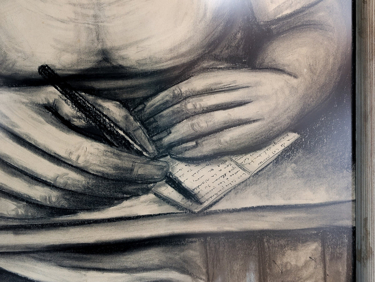 Large Charcoal Portrait Girl Writing Letter La Pensadora The Thinker Puerto Rico by Juan De Prey, 1930