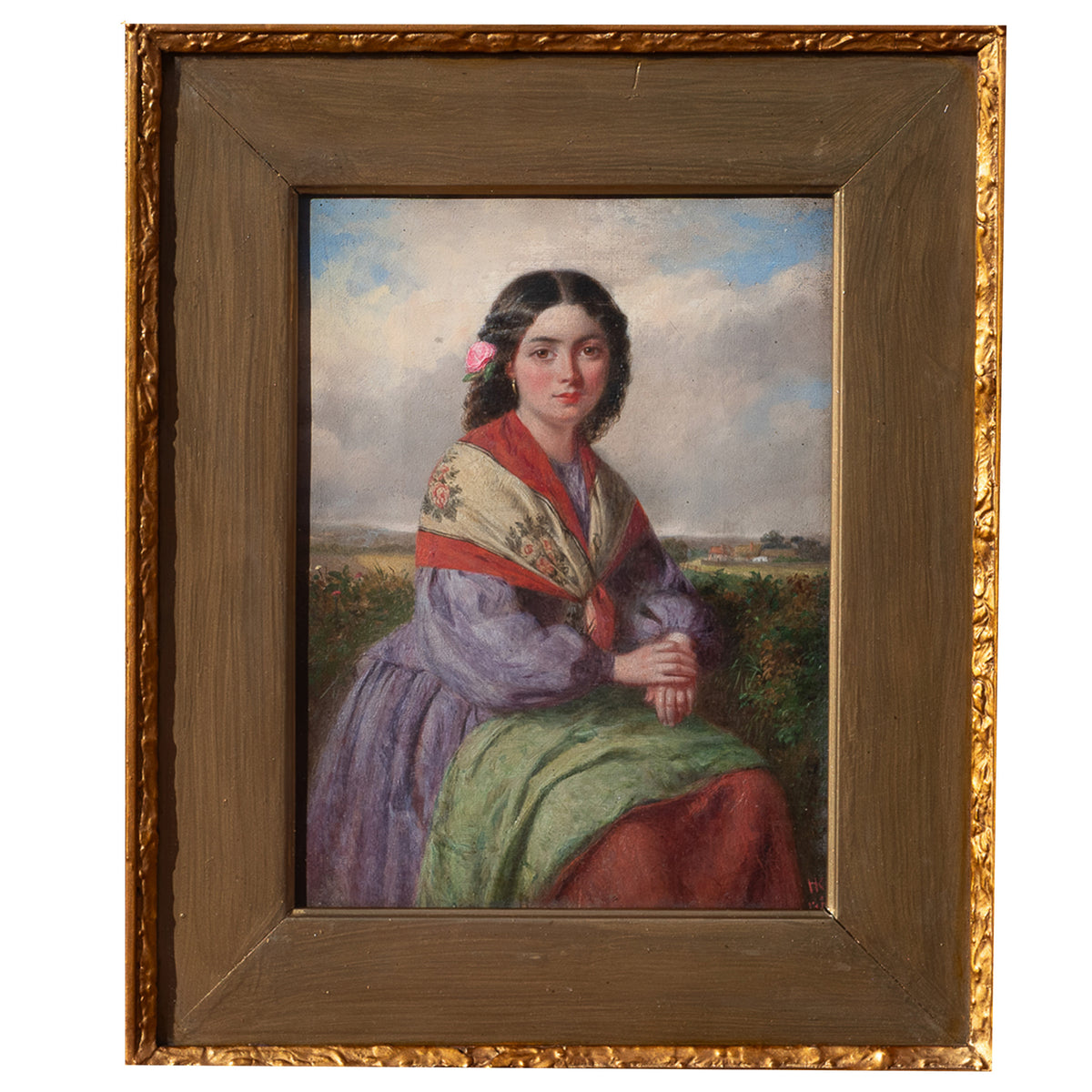 Antique 19th Century Realism Landscape Portrait Oil Painting of a Beautiful Young Woman by Haynes King, 1860