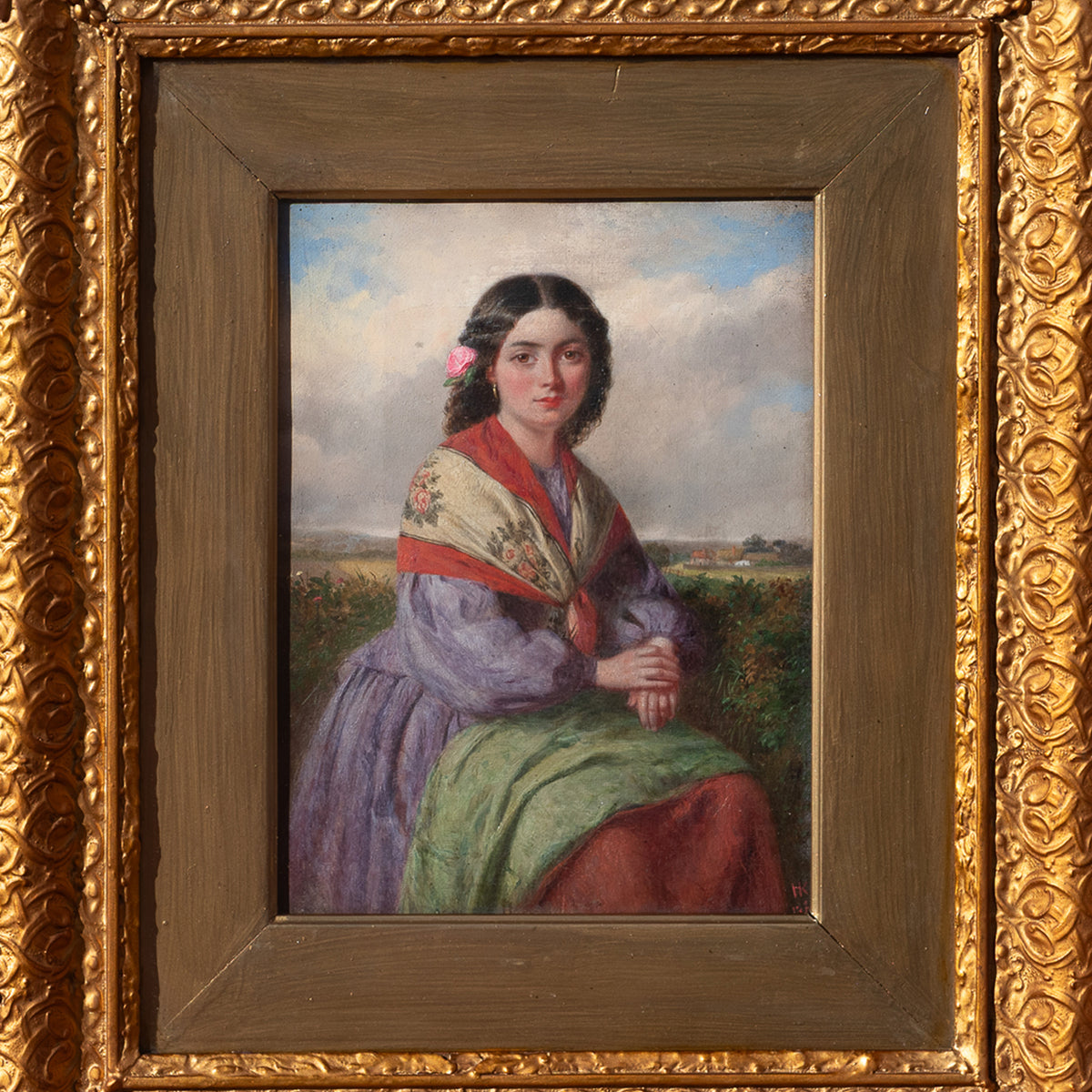 Antique 19th Century Realism Landscape Portrait Oil Painting of a Beautiful Young Woman by Haynes King, 1860
