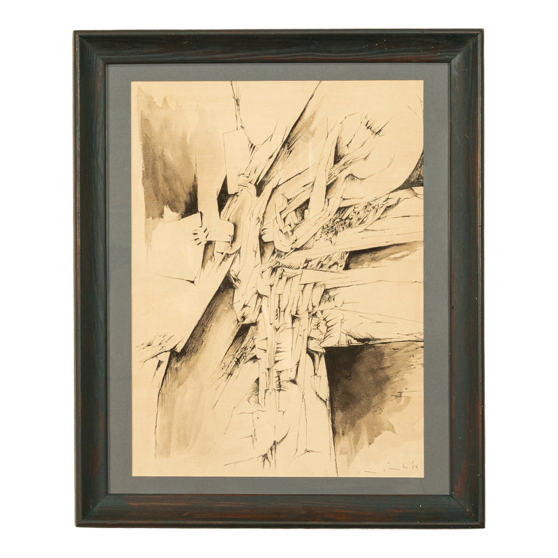 Italian Mid Century Abstract Modernist Ink & Watercolor Painting "Fragmentation"by Gio Pomodoro, 1956