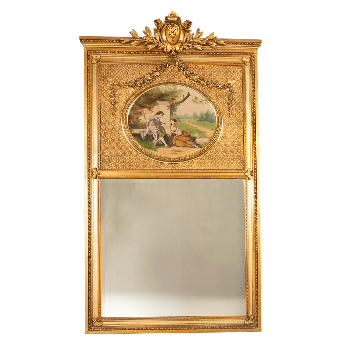 Large 6ft+ Antique Louis XV French Gilded Hand-Painted Trumeau Wall Mirror 1860