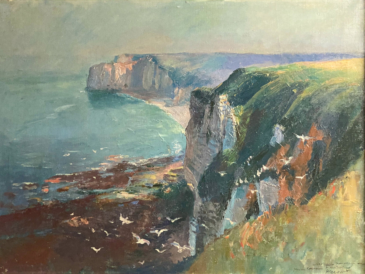 Antique French School Oil Painting on Canvas Cliffs at Etretat Normandy France  by Raimond Louis Lecourt  1910