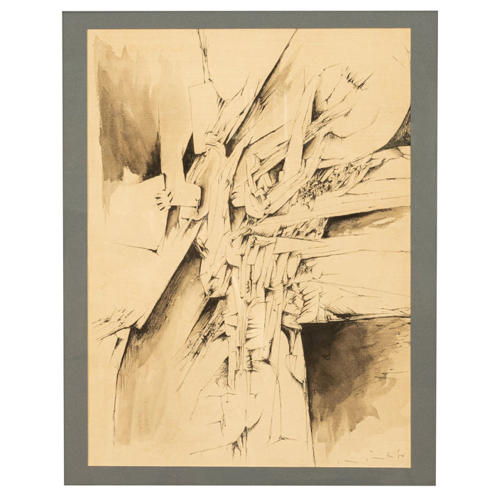 Italian Mid Century Abstract Modernist Ink & Watercolor Painting "Fragmentation"by Gio Pomodoro, 1956