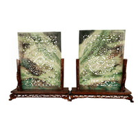 Pair of 19th Century Antique Chinese Qing Dynasty Carved Jade Scholar's Table Screens & Stands 1850