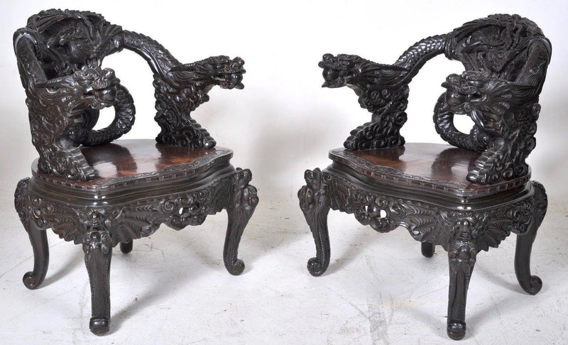 Pair of Antique Chinese Rosewood Dragon Armchairs, Circa 1900