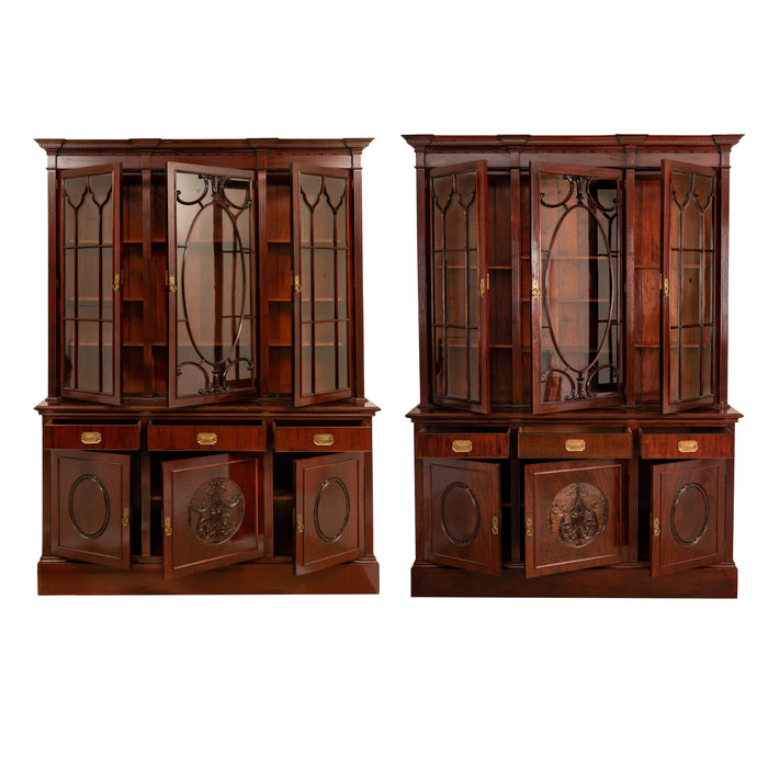 Antique Pair 19th Century Mahogany Bibliotheque Library Bookcase Cabinets, Circa 1880