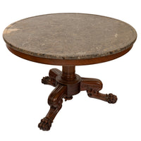 Antique French Louis Philippe Marble Top Carved Mahogany Round Tripod Table 1850