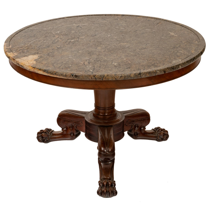 Antique French Louis Philippe Marble Top Carved Mahogany Round Tripod Table 1850