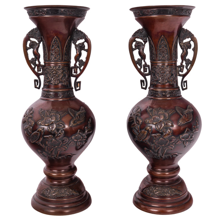 Large & Fine Pair of Antique Japanese Meiji Period Patinated Bronze Vases, 1890