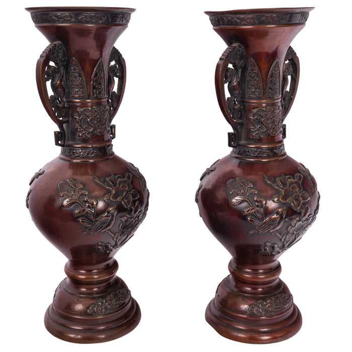 Large & Fine Pair of Antique Japanese Meiji Period Patinated Bronze Vases, 1890