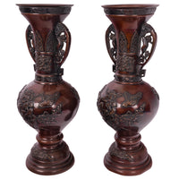 Large & Fine Pair of Antique Japanese Meiji Period Patinated Bronze Vases, 1890