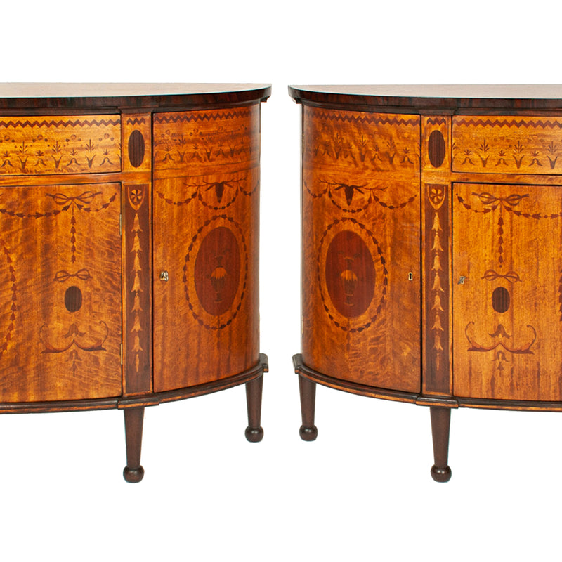 Antique Pair Regency Sheraton Marquetry Inlaid Mahogany Demi Lune Cabinets 1900