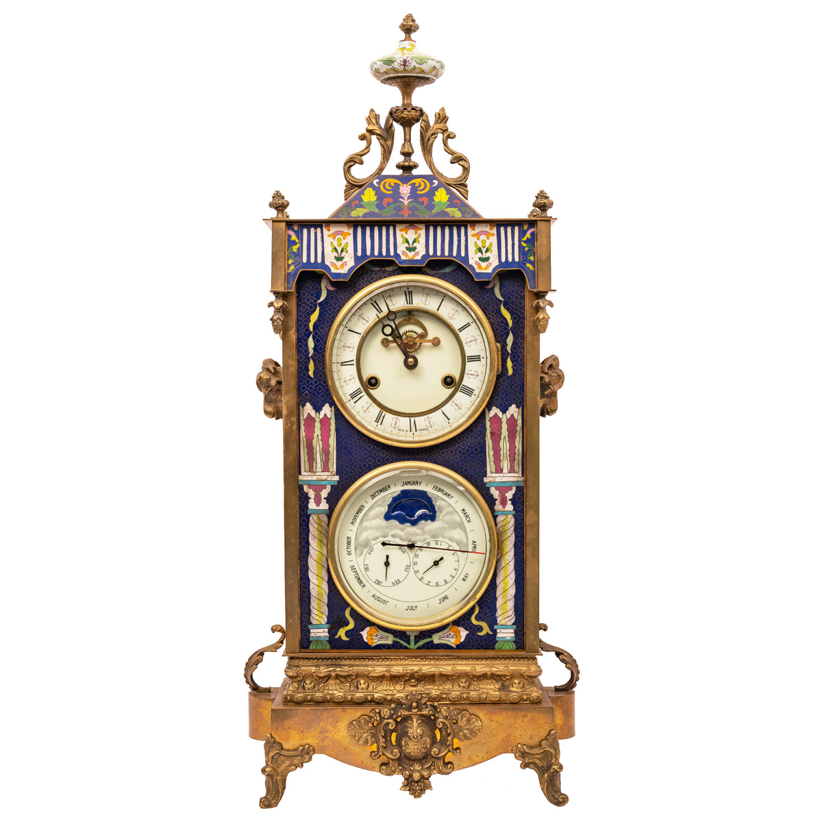 Large Antique French Cloisonné & Brass Astronomical 8 Day Calendar Clock, Circa 1890