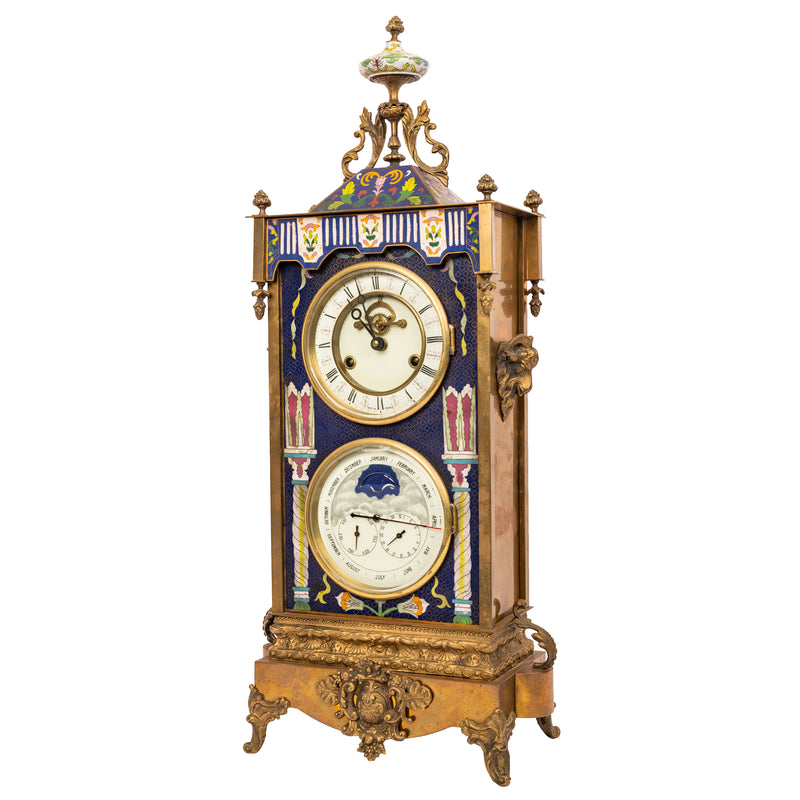 Large Antique French Cloisonné & Brass Astronomical 8 Day Calendar Clock, Circa 1890
