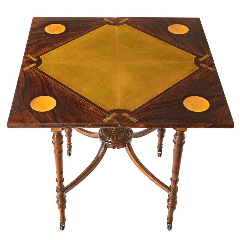 Antique 19th Century Rosewood Marquetry Inlaid Envelope Card Games Table, Circa 1890