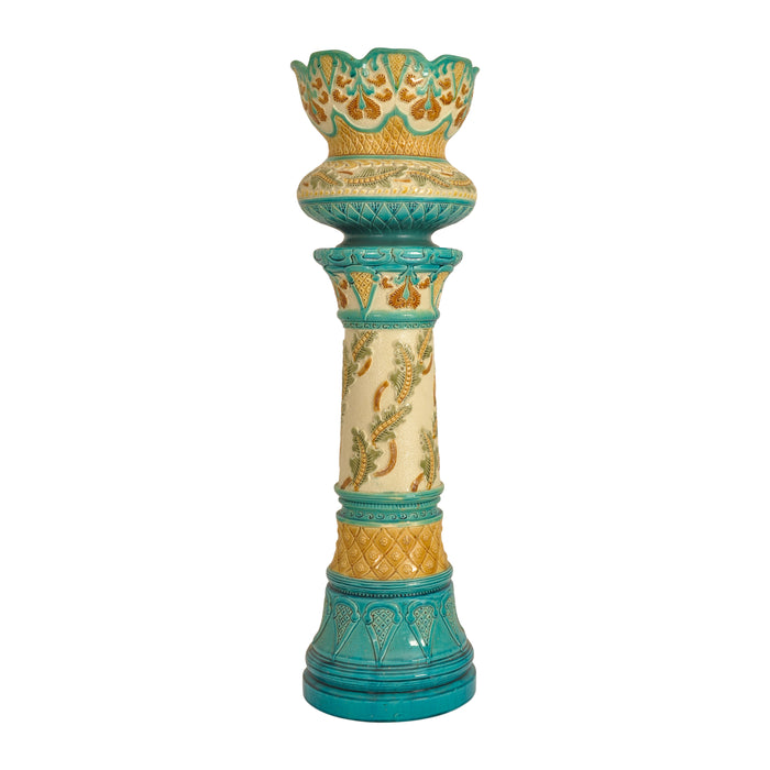 Antique Art Nouveau Burmantofts Faience Majolica Pottery Stand & Jardiniere, Circa 1895