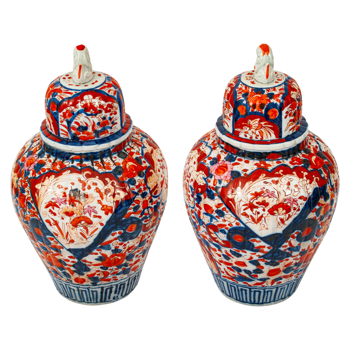 Pair Large Antique Japanese Meiji Period Porcelain Imari Lidded Jars Urns, Circa 1880