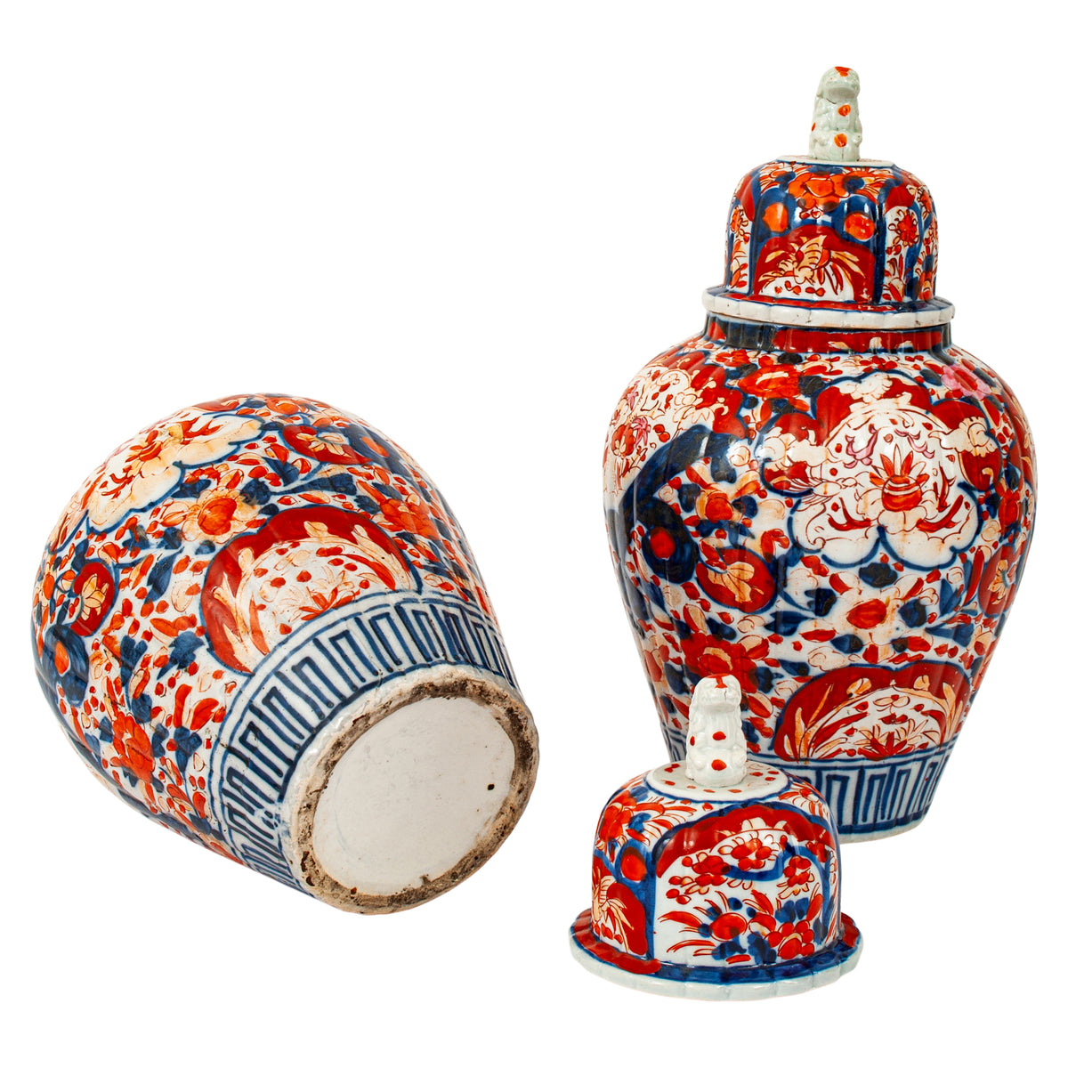 Pair Large Antique Japanese Meiji Period Porcelain Imari Lidded Jars Urns, Circa 1880