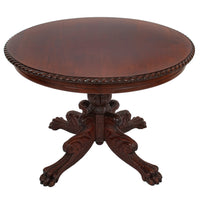 Antique French Empire Carved Walnut Lion's Paw Pedestal Round Center Table 1850