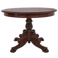 Antique French Empire Carved Walnut Lion's Paw Pedestal Round Center Table 1850