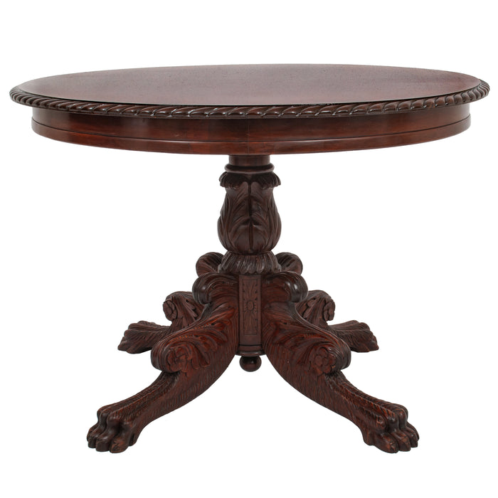 Antique French Empire Carved Walnut Lion's Paw Pedestal Round Center Table 1850