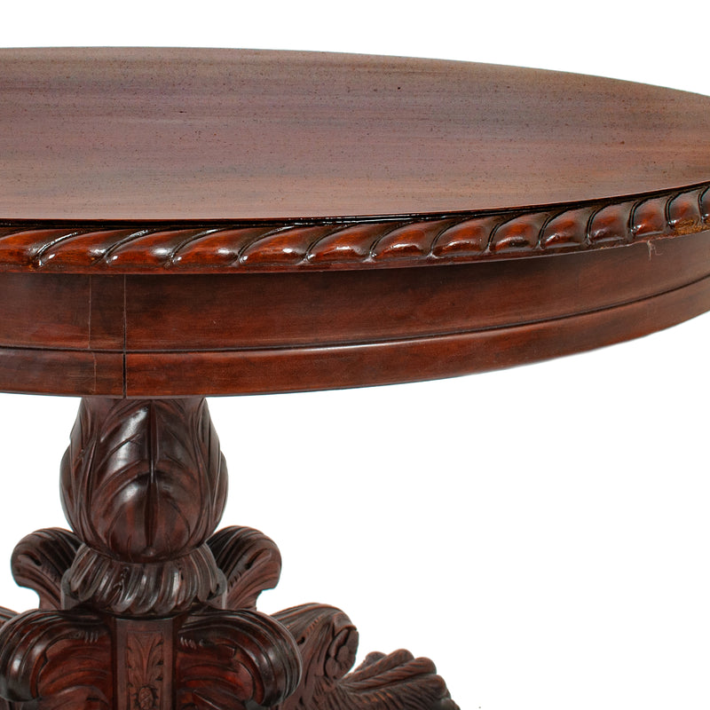 Antique French Empire Carved Walnut Lion's Paw Pedestal Round Center Table 1850