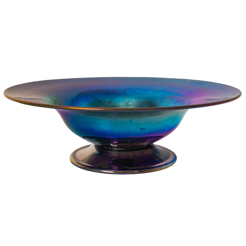 A Large Antique Art Nouveau Tiffany Blue Glass Favrile Footed Bowl Compote, Circa 1910