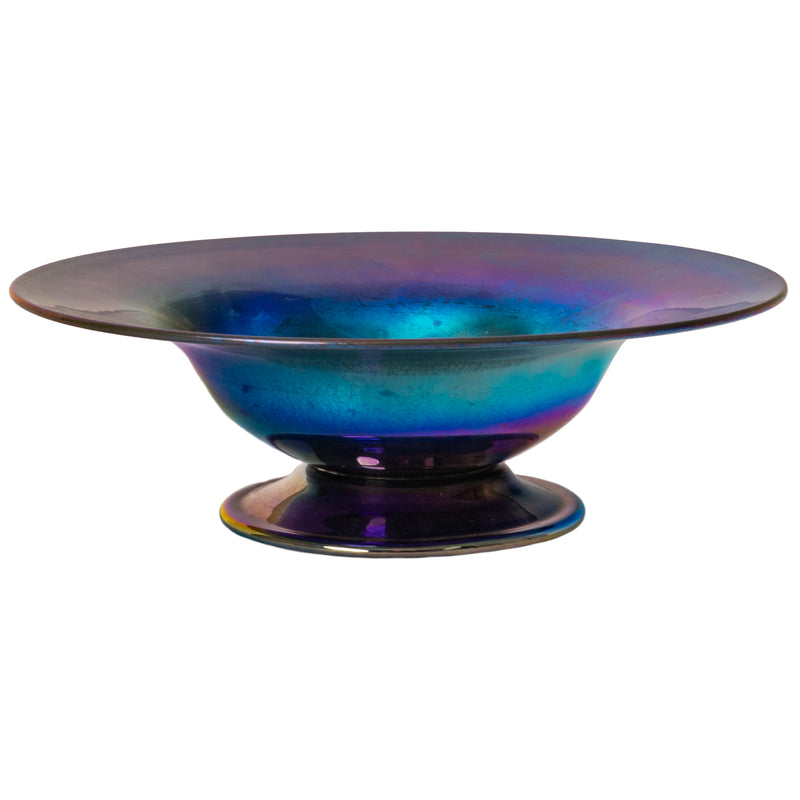 A Large Antique Art Nouveau Tiffany Blue Glass Favrile Footed Bowl Compote, Circa 1910