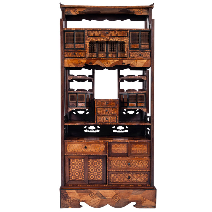 Antique Japanese Elm Keyaki Meiji Period Marquetry Shadona Cabinet Etagere, Circa 1880