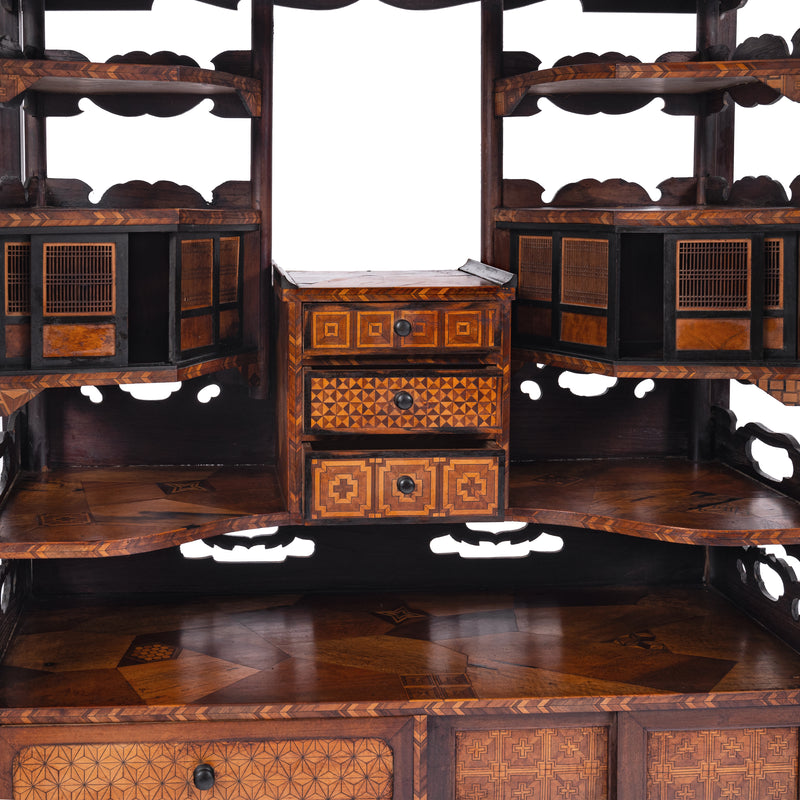 Antique Japanese Elm Keyaki Meiji Period Marquetry Shadona Cabinet Etagere, Circa 1880