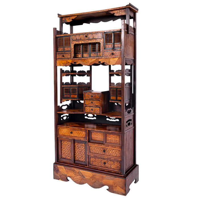 Antique Japanese Elm Keyaki Meiji Period Marquetry Shadona Cabinet Etagere, Circa 1880