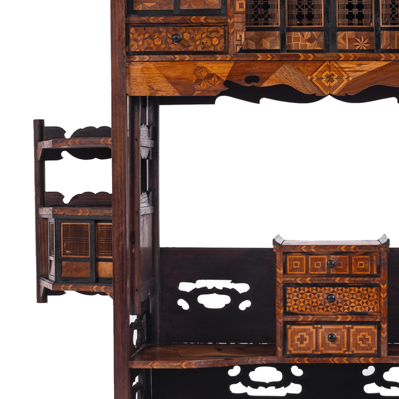Antique Japanese Elm Keyaki Meiji Period Marquetry Shadona Cabinet Etagere, Circa 1880