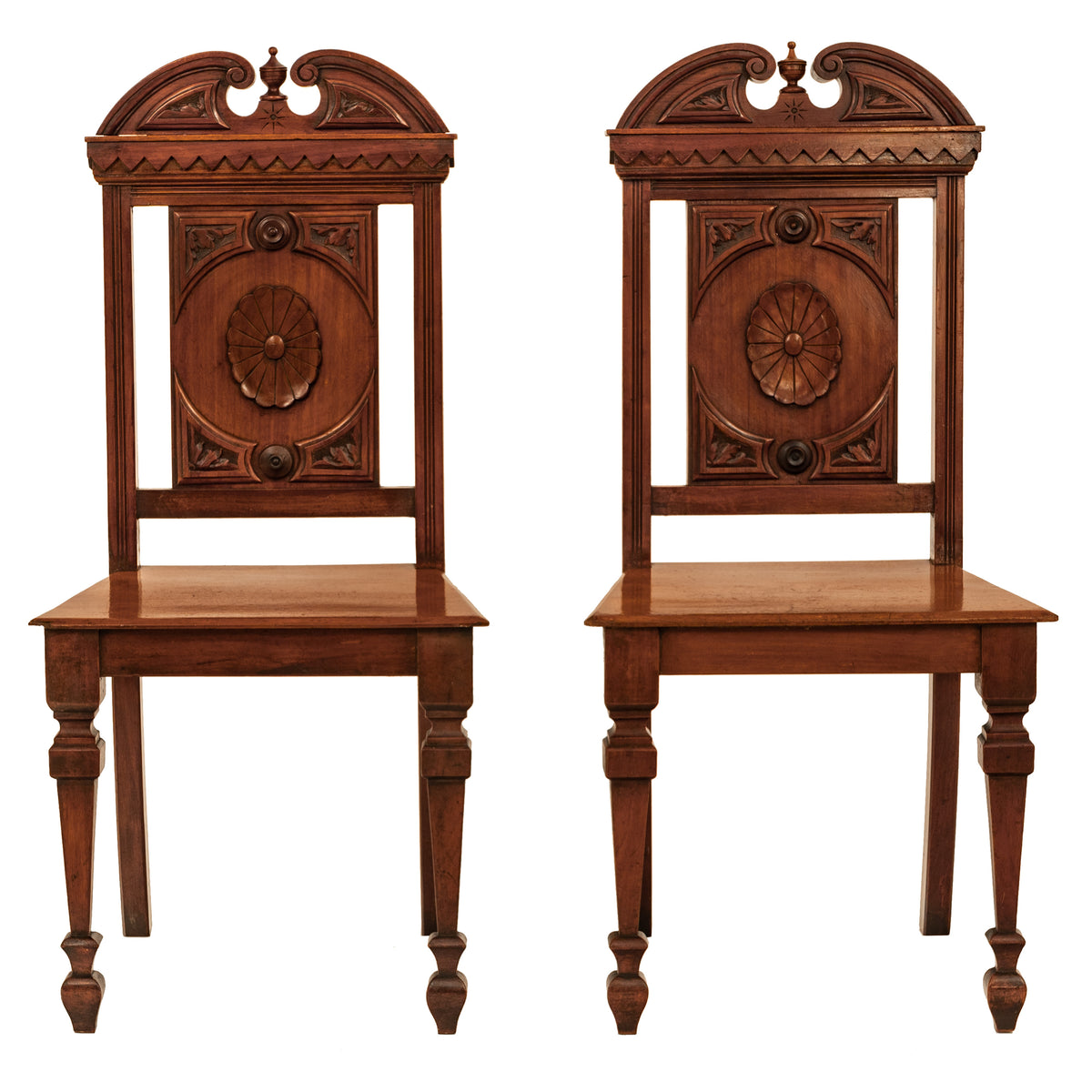 Antique Pair Regency George IV Neo-Classical Architectural Mahogany Hall Chairs Circa 1830