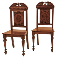 Antique Pair Regency George IV Neo-Classical Architectural Mahogany Hall Chairs Circa 1830