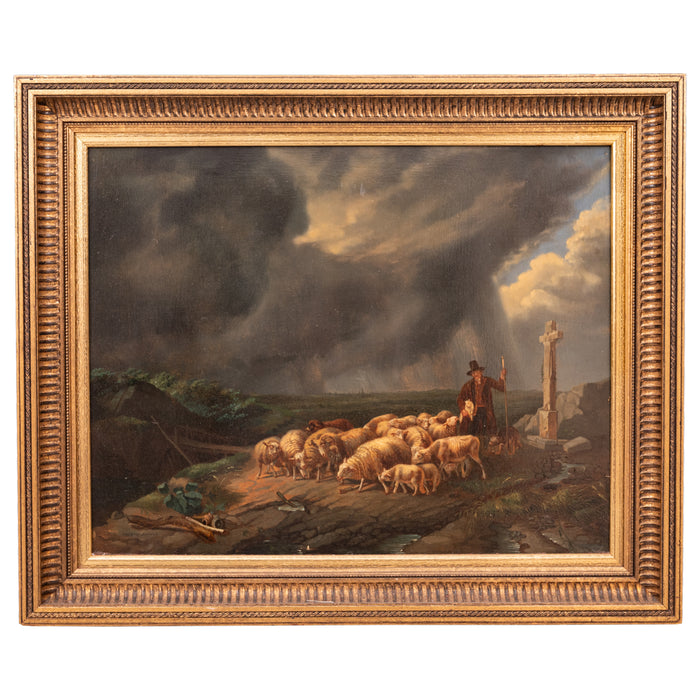 Antique Flemish Oil on Panel Francois Backvis Shepherd Sheep Flock Painting, Circa 1880