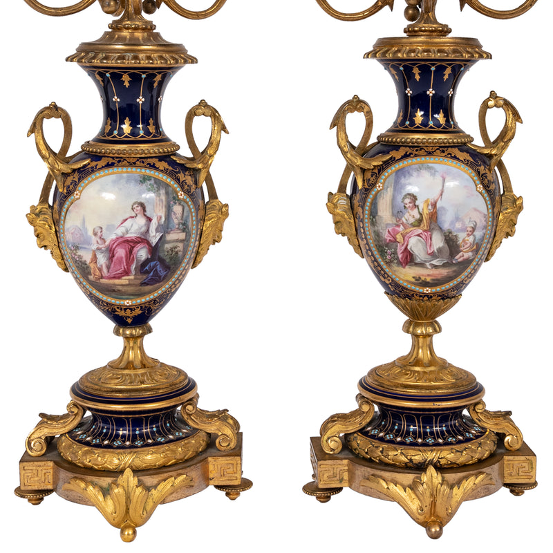 Antique French Sevres Porcelain Bronze Ormolu Candelarbra Jardiniere Garniture, Circa 1880