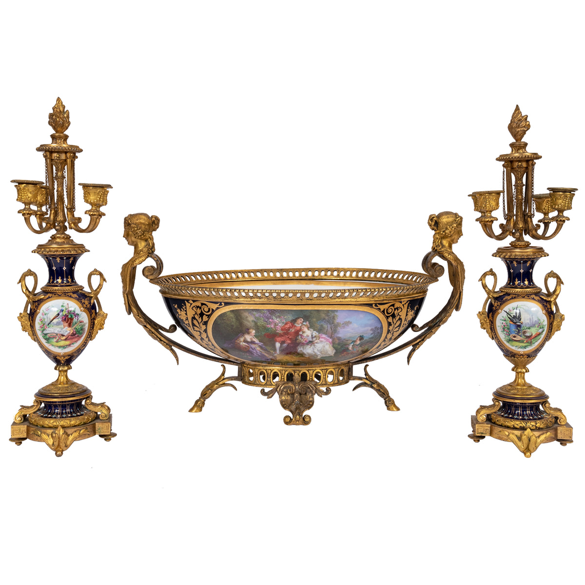 Antique French Sevres Porcelain Bronze Ormolu Candelarbra Jardiniere Garniture, Circa 1880