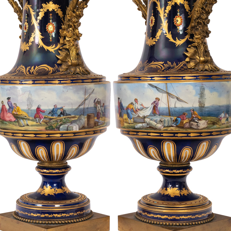 Pair 19th Century Monumental Antique Sevres French Porcelain Ormolu Urns, circa 1860