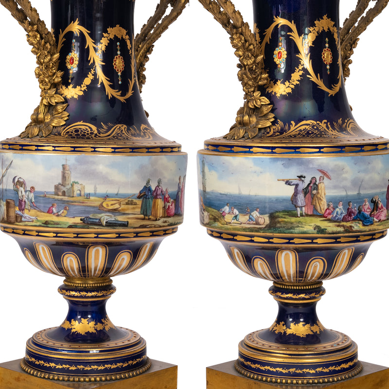 Pair 19th Century Monumental Antique Sevres French Porcelain Ormolu Urns, circa 1860