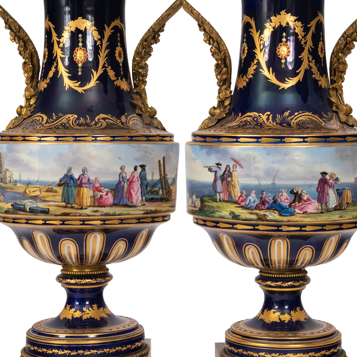 Pair 19th Century Monumental Antique Sevres French Porcelain Ormolu Urns, circa 1860