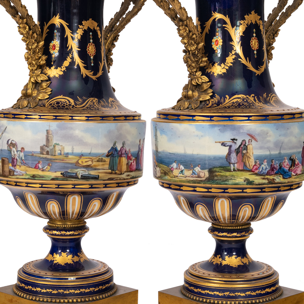 Pair 19th Century Monumental Antique Sevres French Porcelain Ormolu Urns, circa 1860