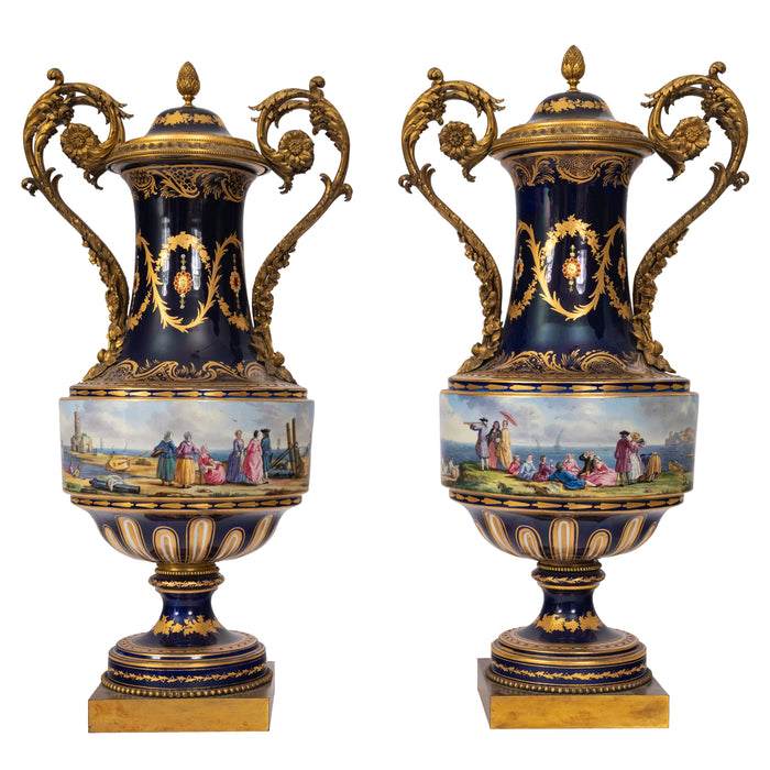 Pair 19th Century Monumental Antique Sevres French Porcelain Ormolu Urns, circa 1860