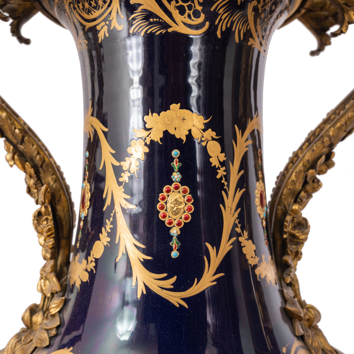 Pair 19th Century Monumental Antique Sevres French Porcelain Ormolu Urns, circa 1860