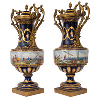 Pair 19th Century Monumental Antique Sevres French Porcelain Ormolu Urns, circa 1860