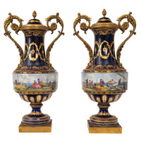 Pair 19th Century Monumental Antique Sevres French Porcelain Ormolu Urns, circa 1860