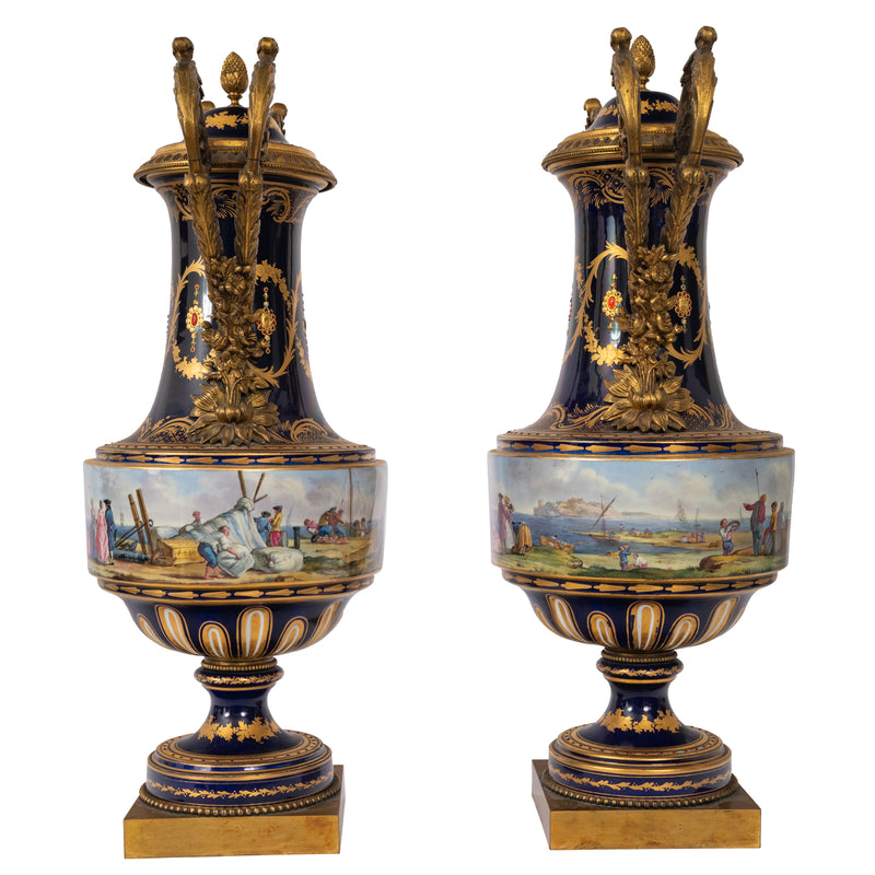 Pair 19th Century Monumental Antique Sevres French Porcelain Ormolu Urns, circa 1860