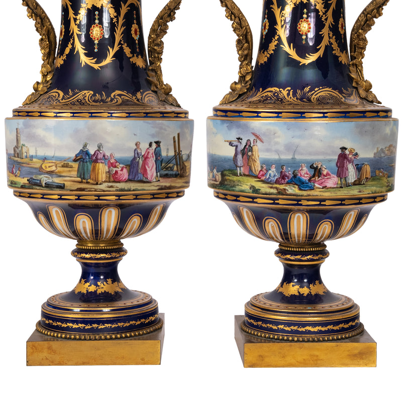 Pair 19th Century Monumental Antique Sevres French Porcelain Ormolu Urns, circa 1860