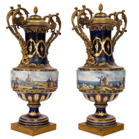 Pair 19th Century Monumental Antique Sevres French Porcelain Ormolu Urns, circa 1860