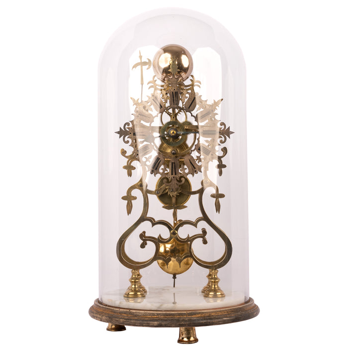 Antique 19th Century English 8 Day Fusee Brass & Glass Dome Skeleton Clock, Circa 1870