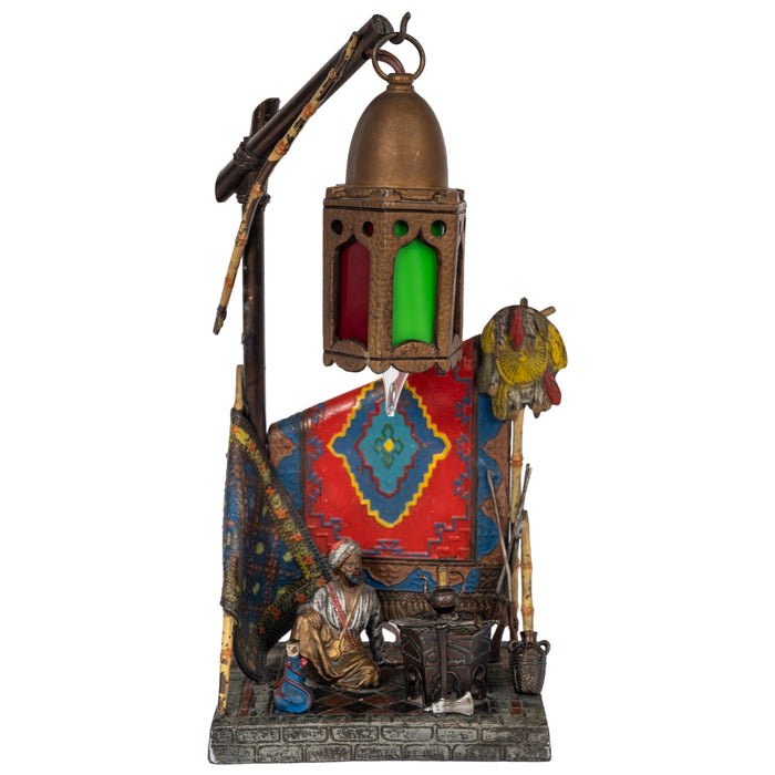 Antique Austrian Cold Painted Bronze Franz Bergmann Arab Carpet Seller Lamp, Circa 1920